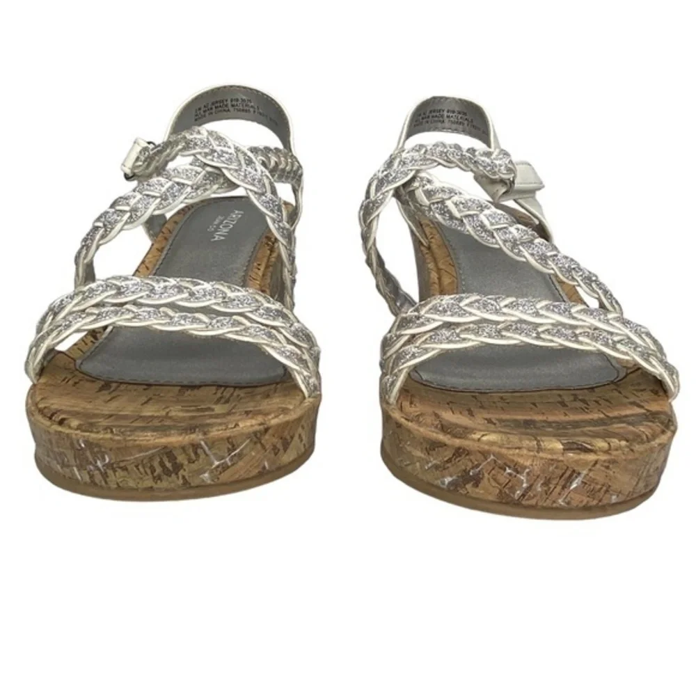 Arizona Jean Co Jersey Sandals White and Silver Braided Straps Wedge Cork Size 2